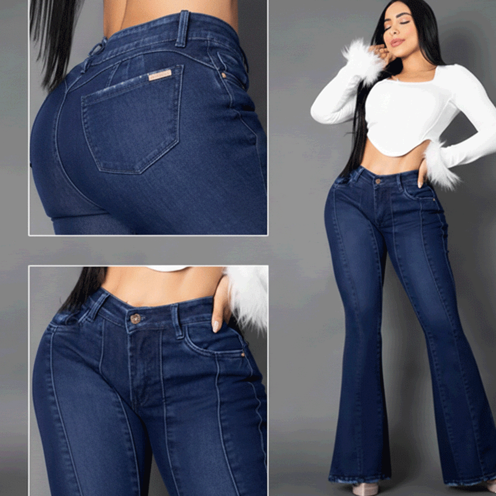Primer plano de jeans colombianos bota campana en denim azul oscuro, destacando las costuras verticales frontales que nacen desde la cintura para alargar la silueta y el tiro alto ajustado.