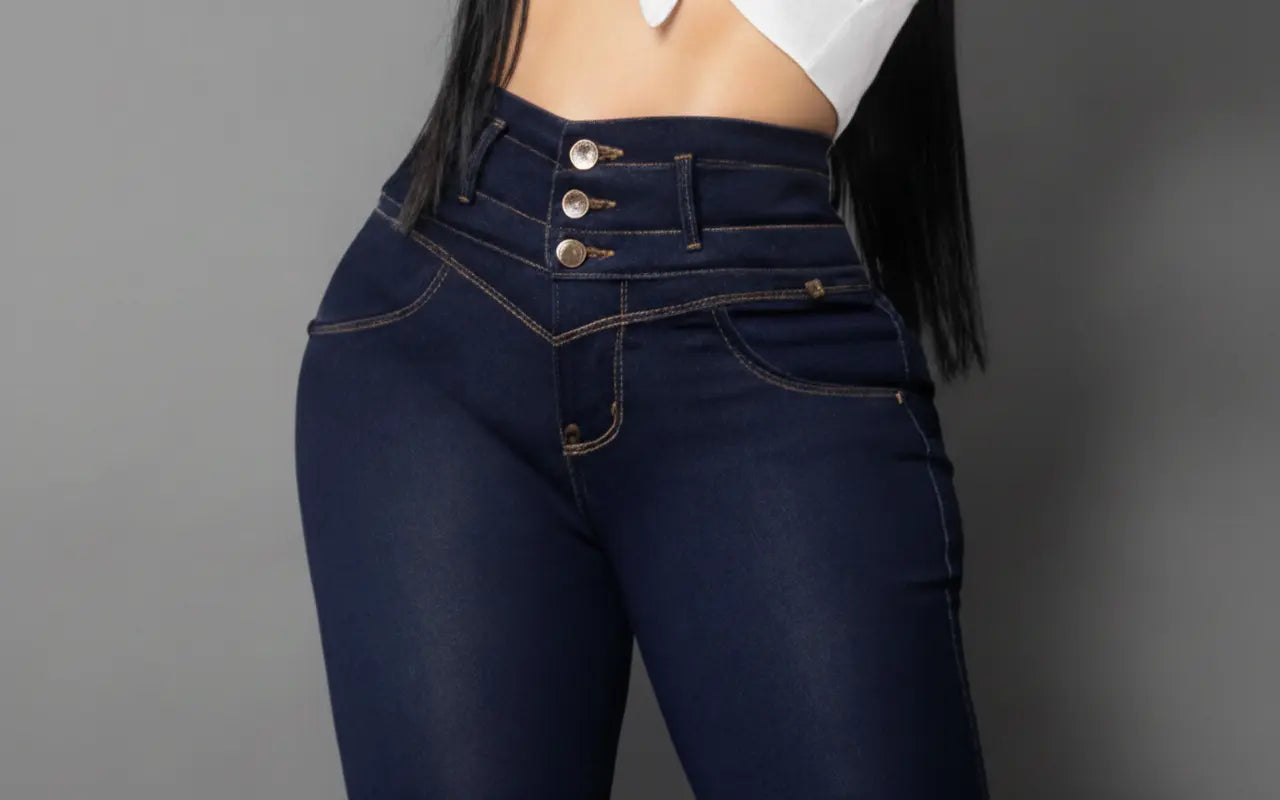 Modelo posando con Jean Colombiano Vengi Fit azul oscuro tiro alto levanta cola